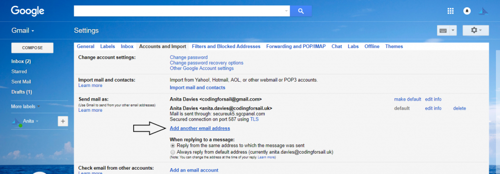 Google Settings - add another email address