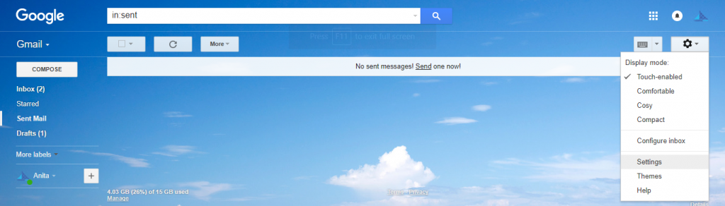 Google mail with the settings option highlighted
