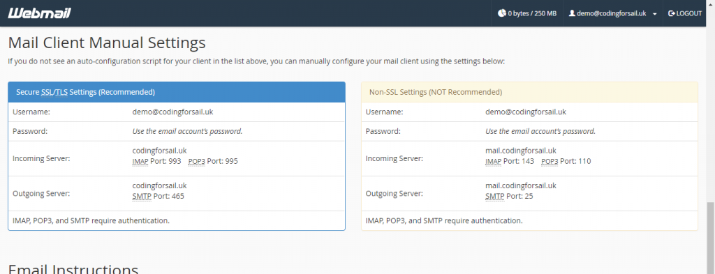 Webmail manual configuration settings